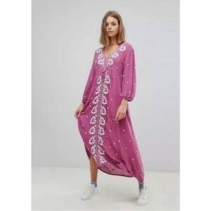 Free People Dress Fable Embroidered Midi in Raspberry Purple